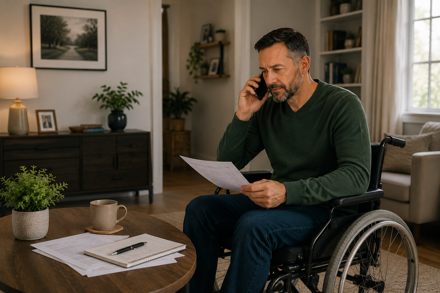 Man in a wheelchair reviewing paperwork while on a phone call