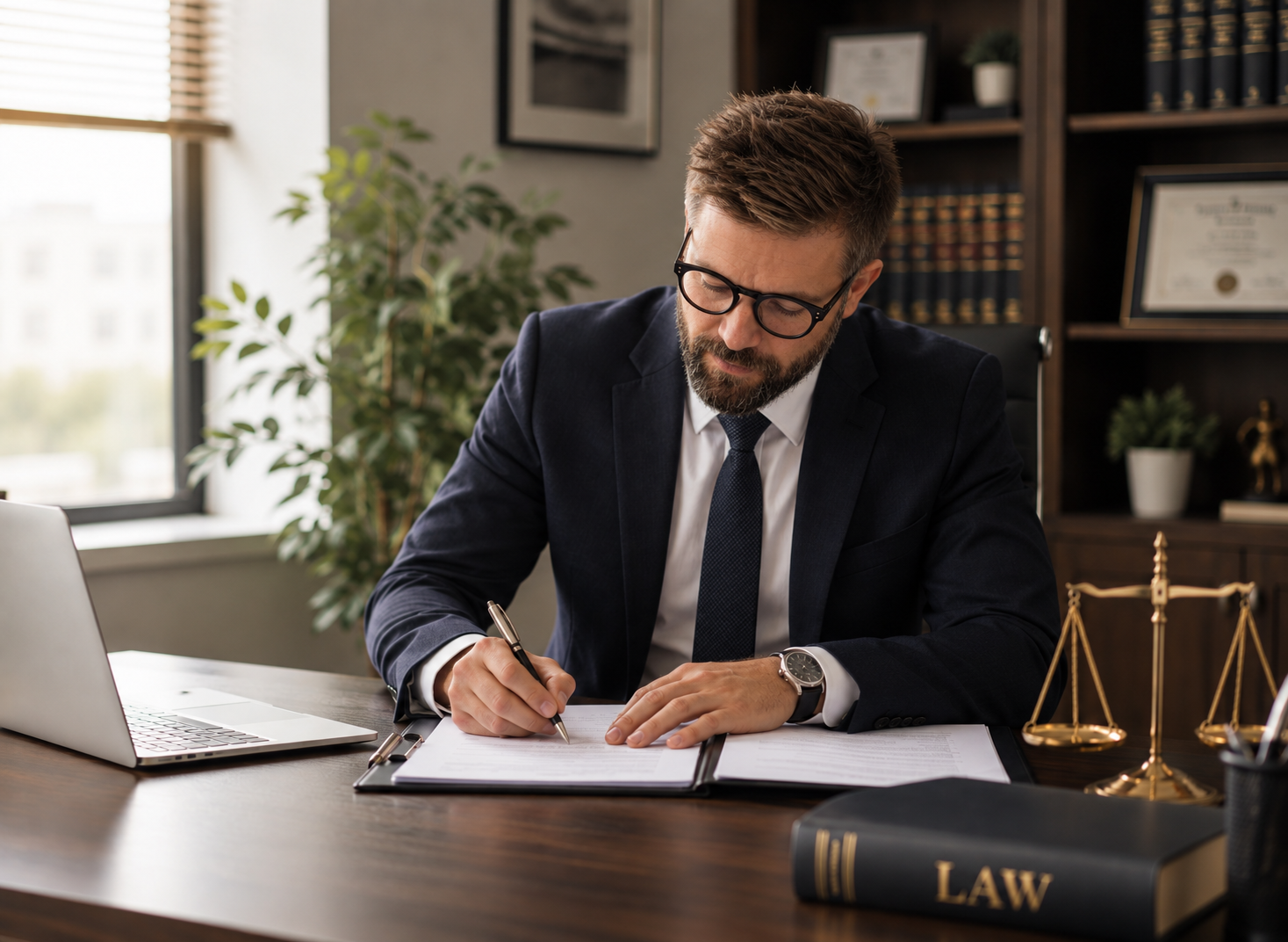 Attorney reviewing and writing on documents at his desk