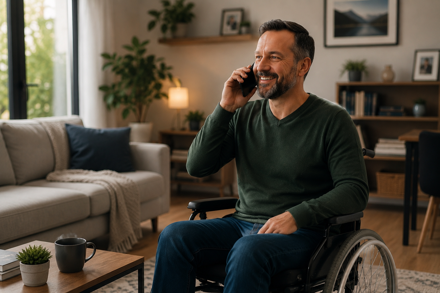 Man in a wheelchair smiling on a phone call at home