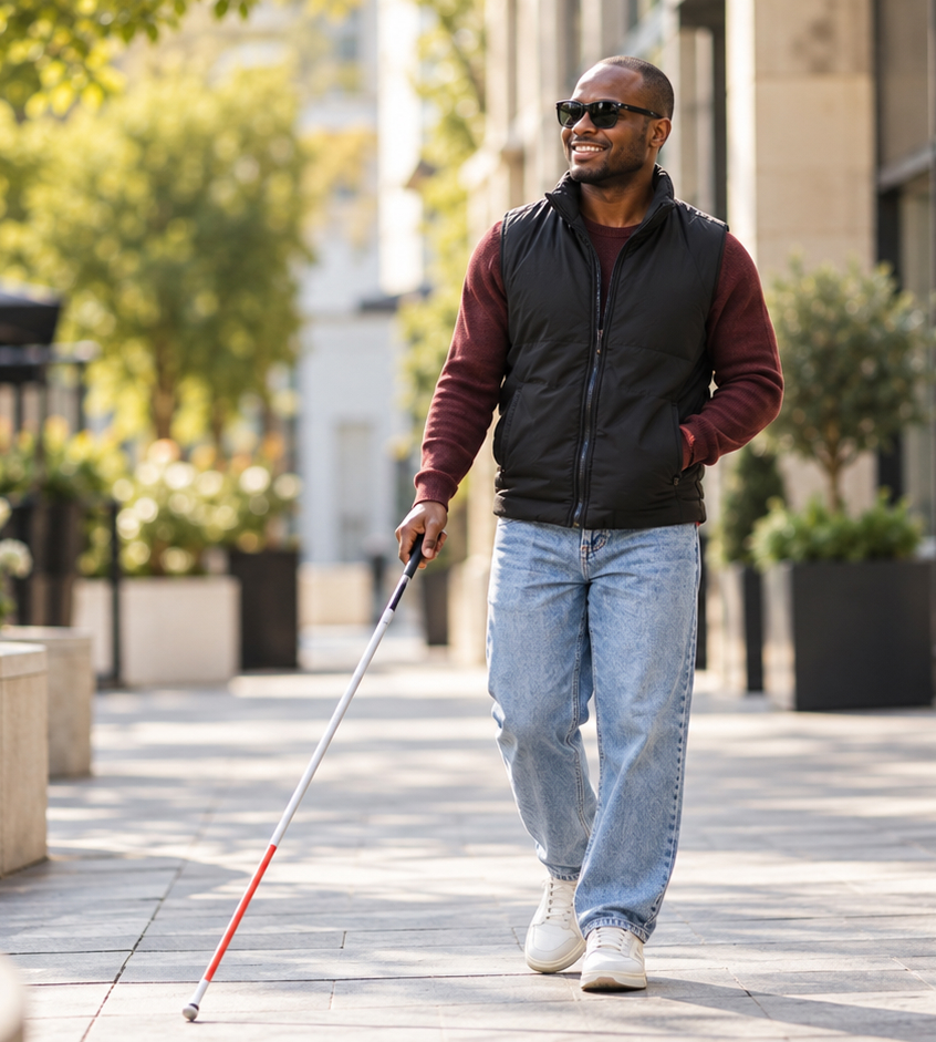 Man walking along a sidewalk with a white cane